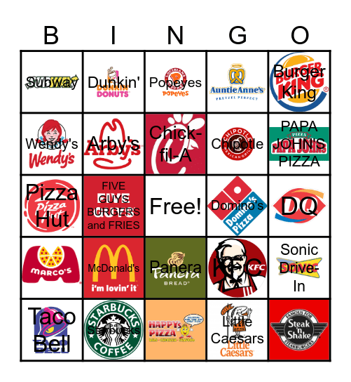 Fast Food Bingo Card