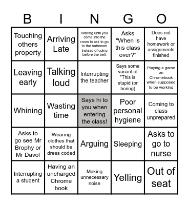 Disruption Bingo Card