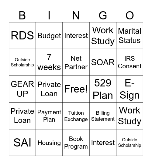 24-25 Financial Aid Bingo Card