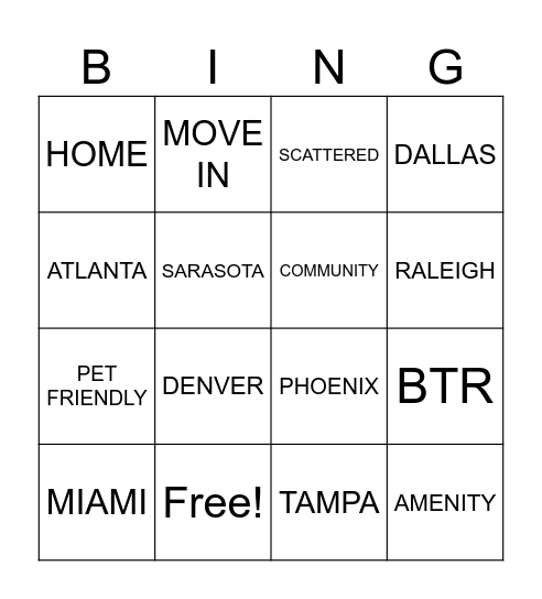 Progress Residential Bingo Card