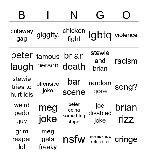 family guy bingo Card