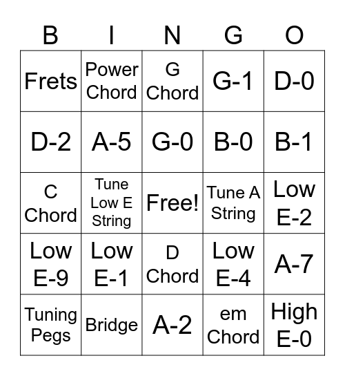 Guitar Bingo Card