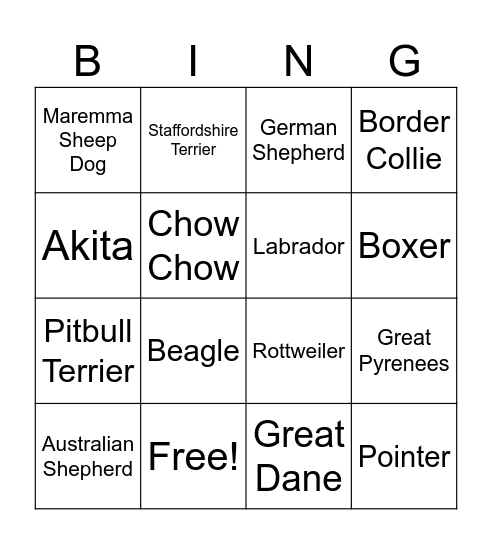 Breed Reveal Bingo Card