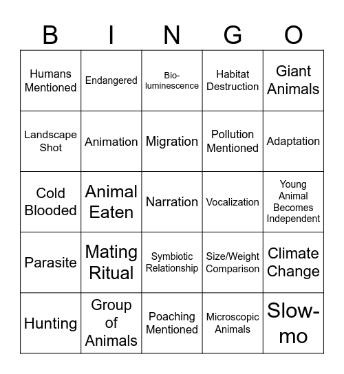 Nature Documentary Bingo Card