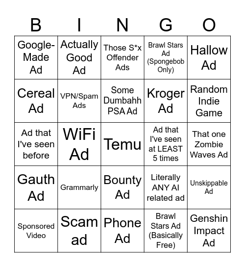 YouTube Ad Bingo Card