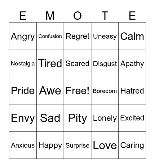 Emotions Bingo Card