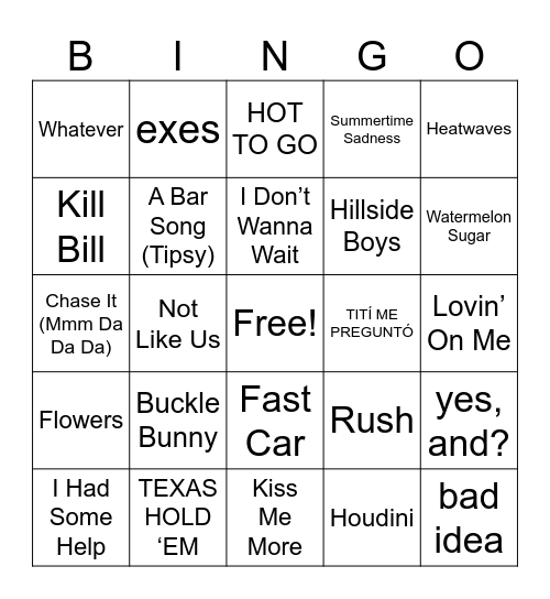 Songs of Summer Bingo Card