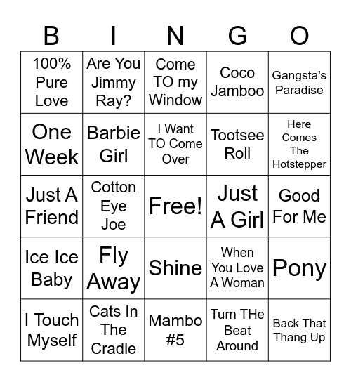 90s Hits Bingo Card