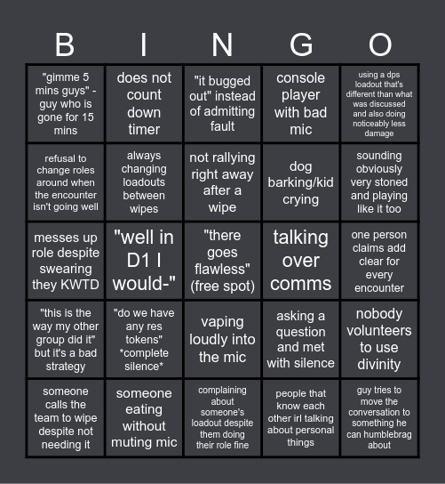 Destiny 2 Raid LFG Bingo Card