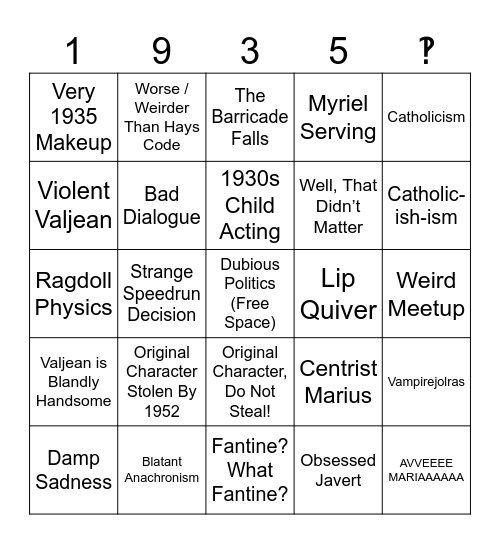 Les Misérables 1935 Bingo Card