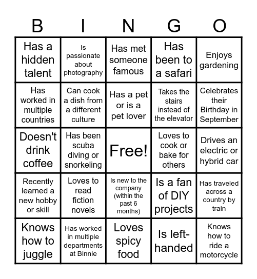 Binnie Bingo Card
