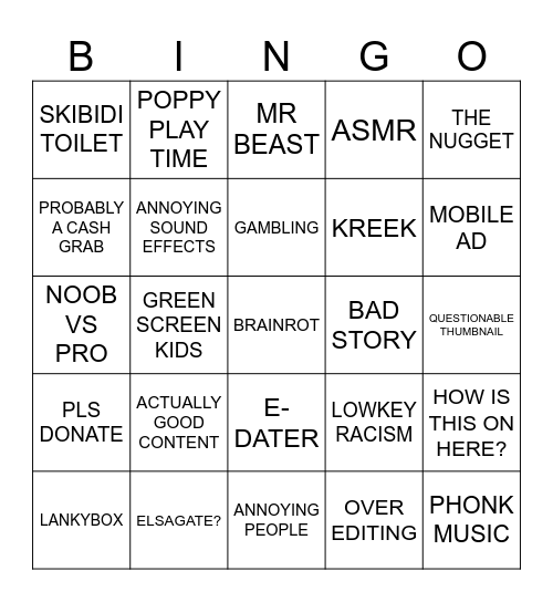 YOUTUBE KIDS BINGO!!! Bingo Card