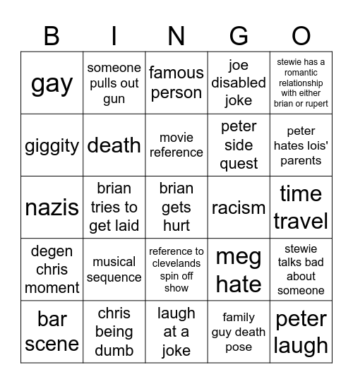 Family Guy Bingo Card