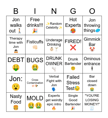 Bar Rescue Bingo Card