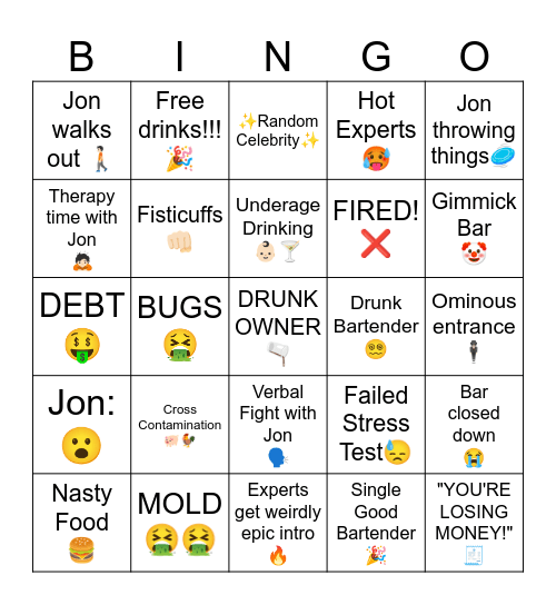 Bar Rescue Bingo Card