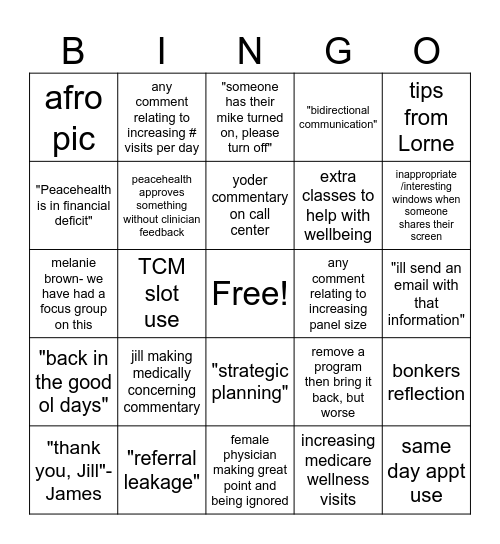 Provider Meeting Bingo Card
