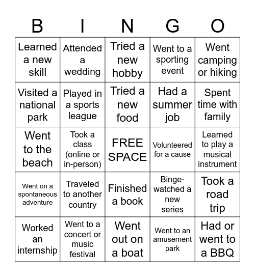 Summer Bingo Card