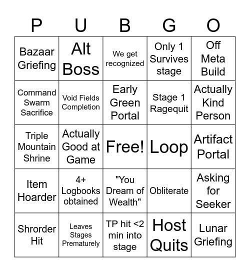 SoTS PUBGO Bingo Card