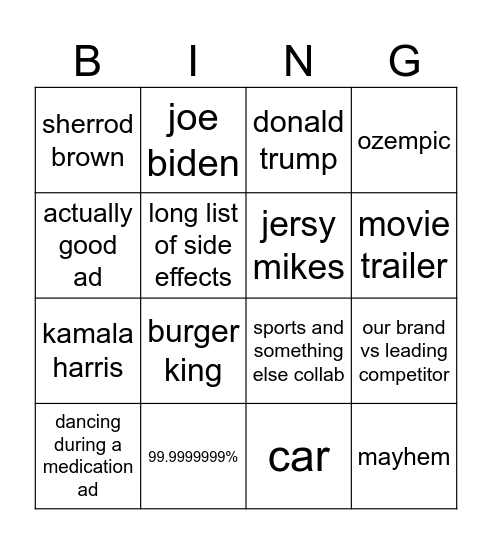 advertisement Bingo Card