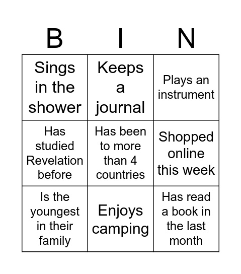 Fellowship Bingo Card