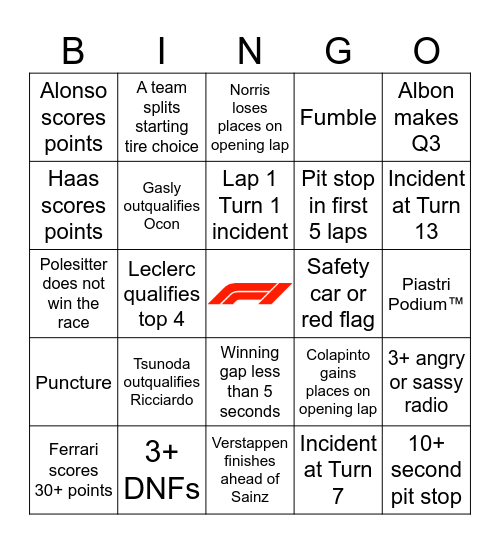 F1 Bingo - Singapore 2024 Bingo Card