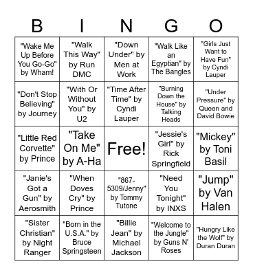 Bingo Singo - '80s Music Bingo Card