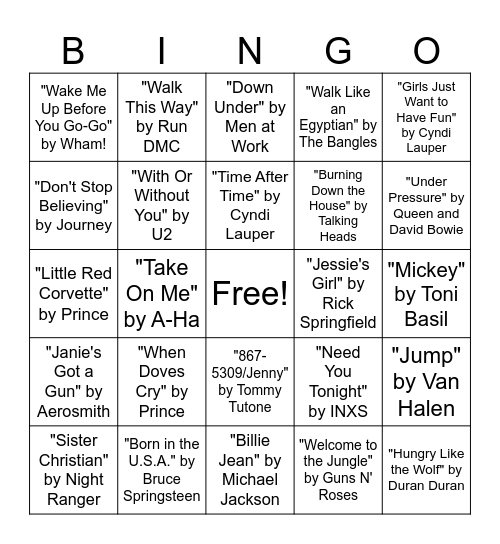 Bingo Singo - '80s Music Bingo Card