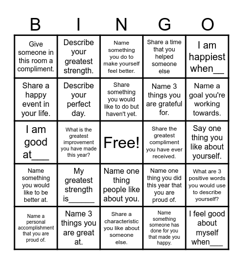 Self-Esteem Bingo Card