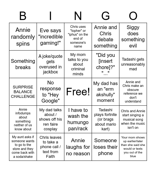 ANNIE BIRTHDAY BINGO Card