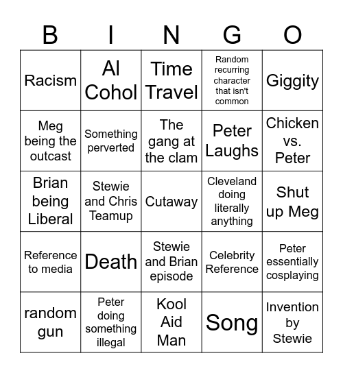 Family Guy Comp BINGO Card