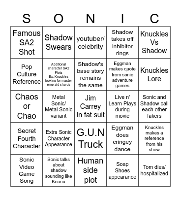 Sonic Movie 3 Bingo Card Bingo Card