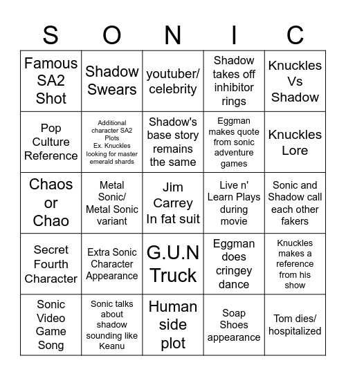 Sonic Movie 3 Bingo Card Bingo Card