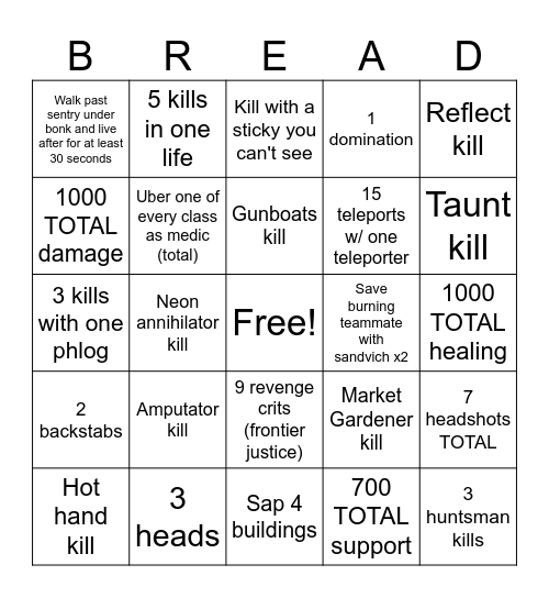 TF2 Bingo Challenge (made specifically for me and my friends skill level) Bingo Card