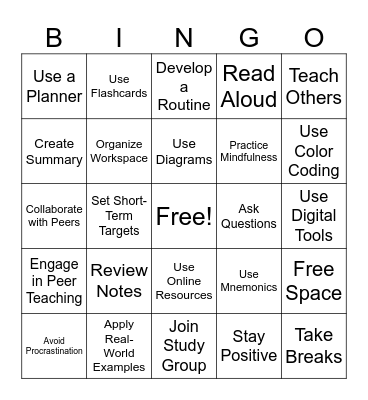 Study Skills Bingo Card