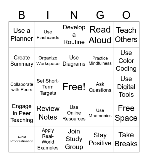 Study Skills Bingo Card