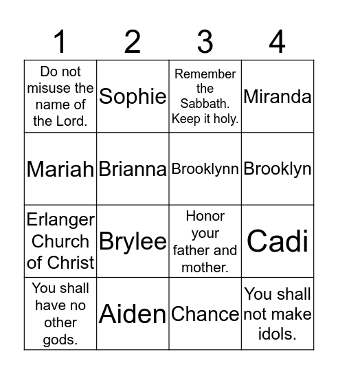First 5 Commandments Bingo Card