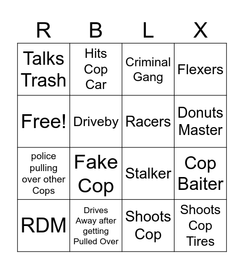 Greenville Roblox Players Bingo Card