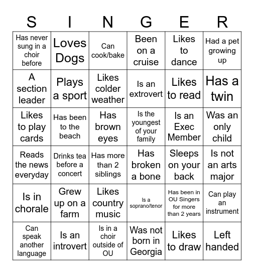 OU Singers Choir Scavenger Hunt Bingo Card