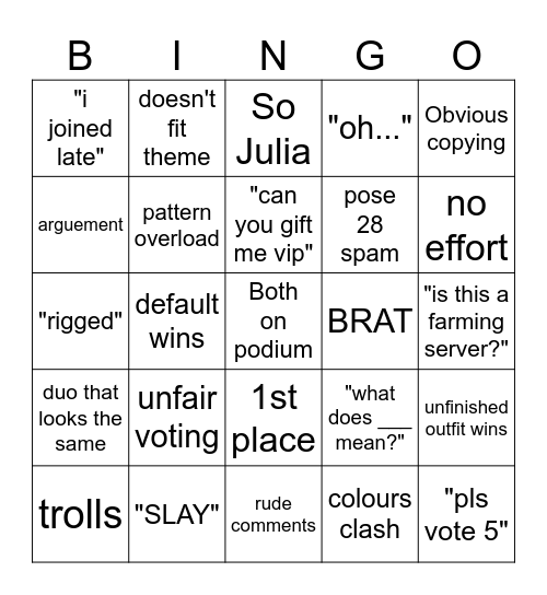 Dress to Impress Bingo Card