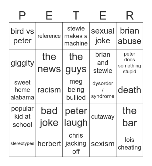 family guy bingo Card