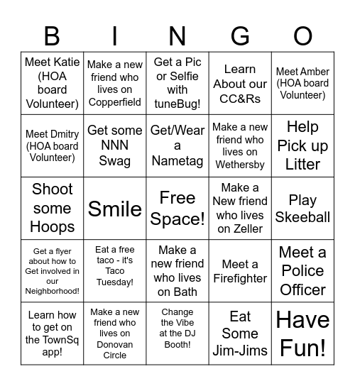 National Night Out ~ Westview Canyon Bingo Card