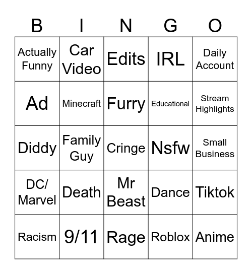 Instagram Bingo Card