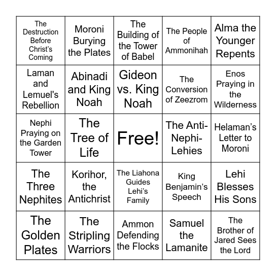 Book of Mormon Stories BINGO Card