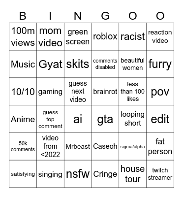 Youtube Shorts Bingo Card