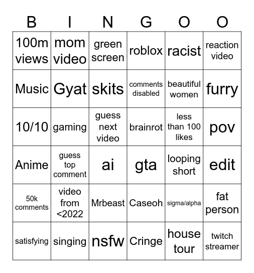 Youtube Shorts Bingo Card