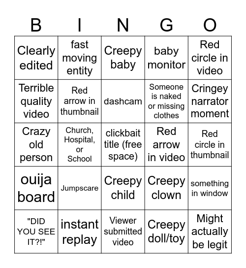 SCARY YOUTUBE VIDEO BINGO Card