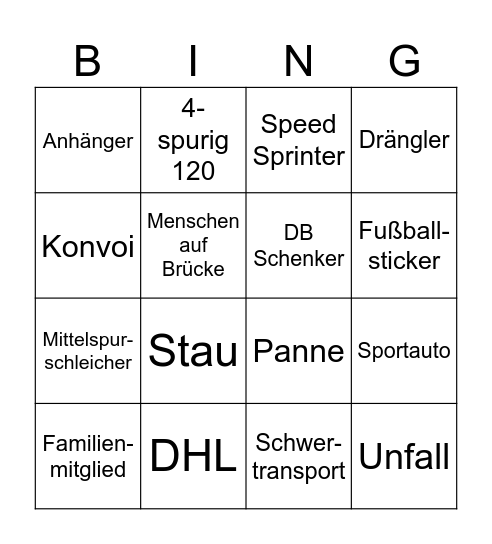 Autobahn Bingo Card
