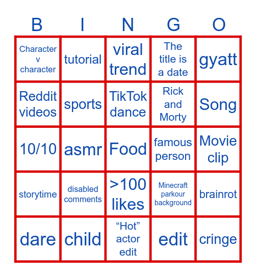 Shorts Bingo Card