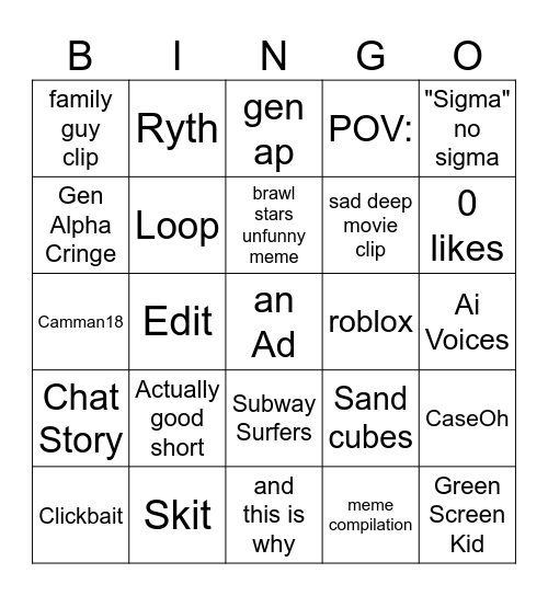 YT Shorts Bingo Card