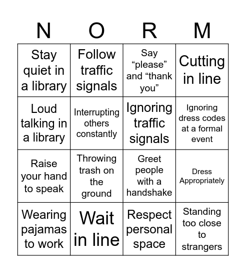 BINGO! SOCIAL RULES EDITION Bingo Card